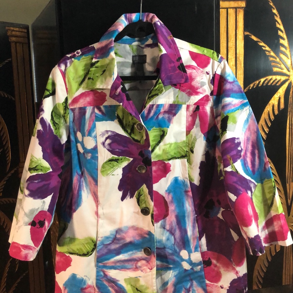 Chico’s Flowered Denim Jacket- Size 3 - image 1